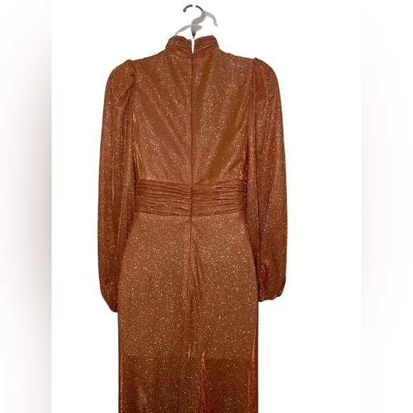 Mac Duggal Metallic Rust Glitter Gown | High Neck Puff Sleeve Trumpet Dress Sz 2 - Picture 5 of 6